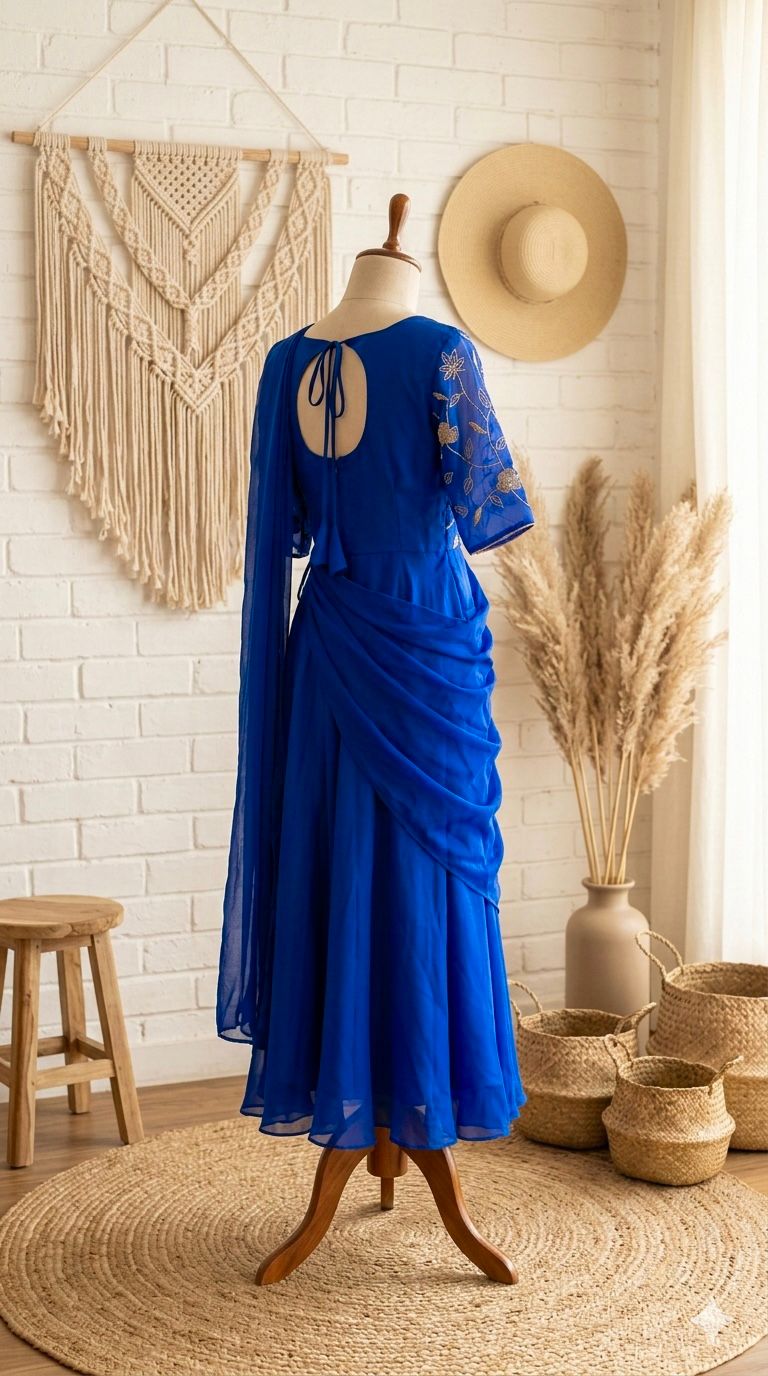 Women’s Indo-Western Saree Style Gown with Attached Pallu | Embroidered Georgette Party Wear