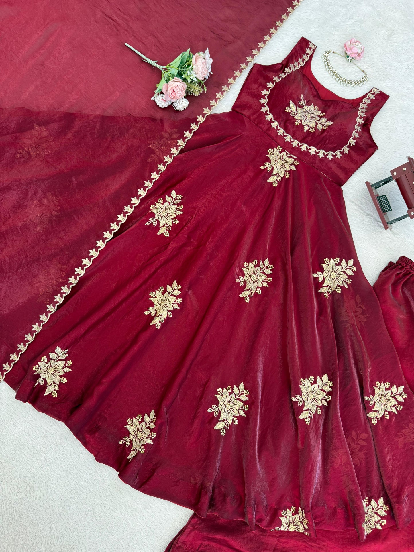 Women’s Fendy Silk 3-Piece Kurta Palazzo Set with Dupatta | Embroidered Festive Wear (S–XXL)