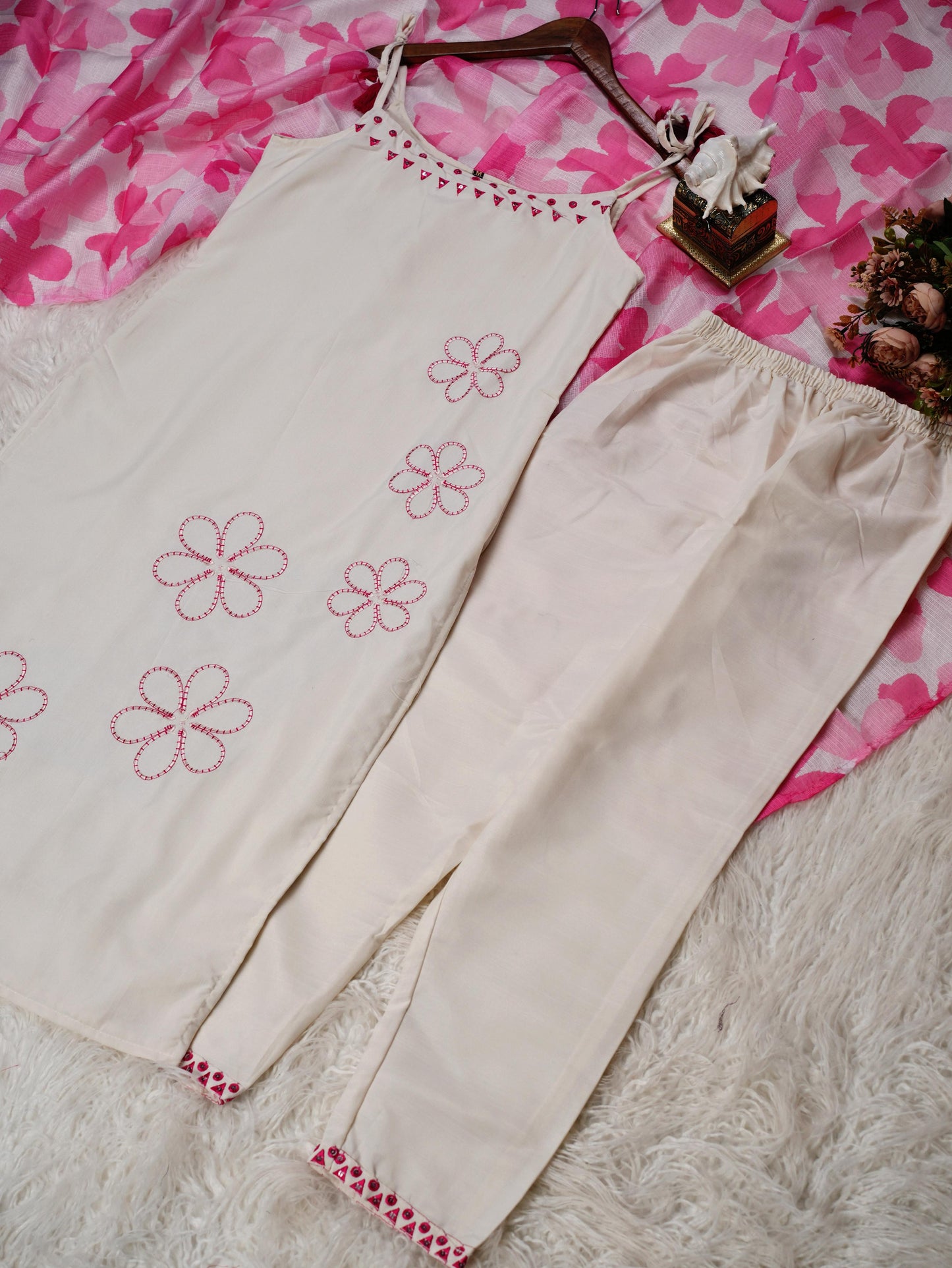 Women’s Rayon Slub Embroidered Kurta Pant Set with Printed Dupatta
