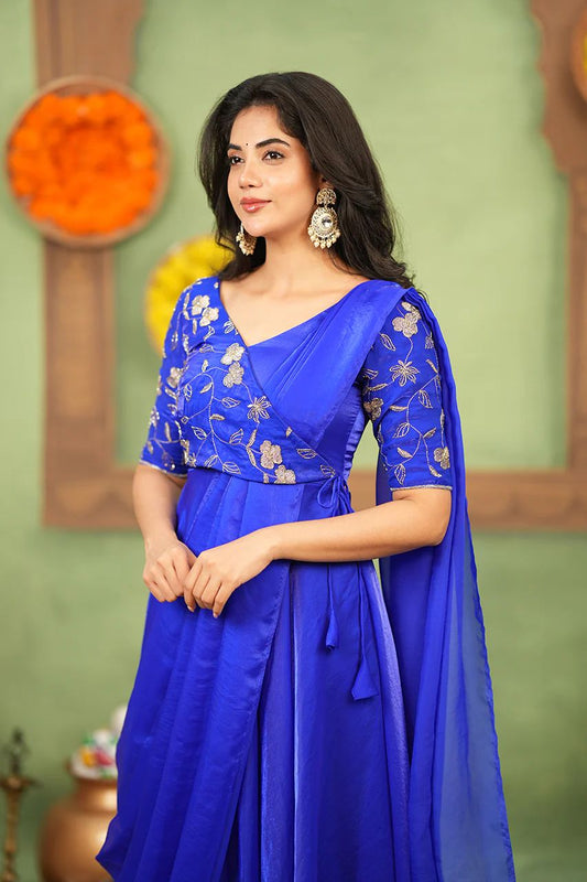 Women’s Indo-Western Saree Style Gown with Attached Pallu | Embroidered Georgette Party Wear