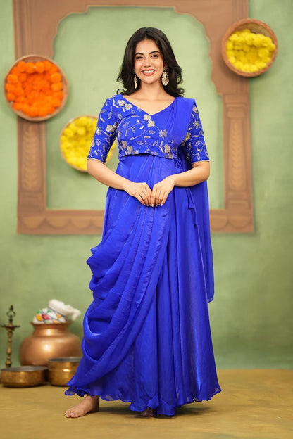 Women’s Indo-Western Saree Style Gown with Attached Pallu | Embroidered Georgette Party Wear