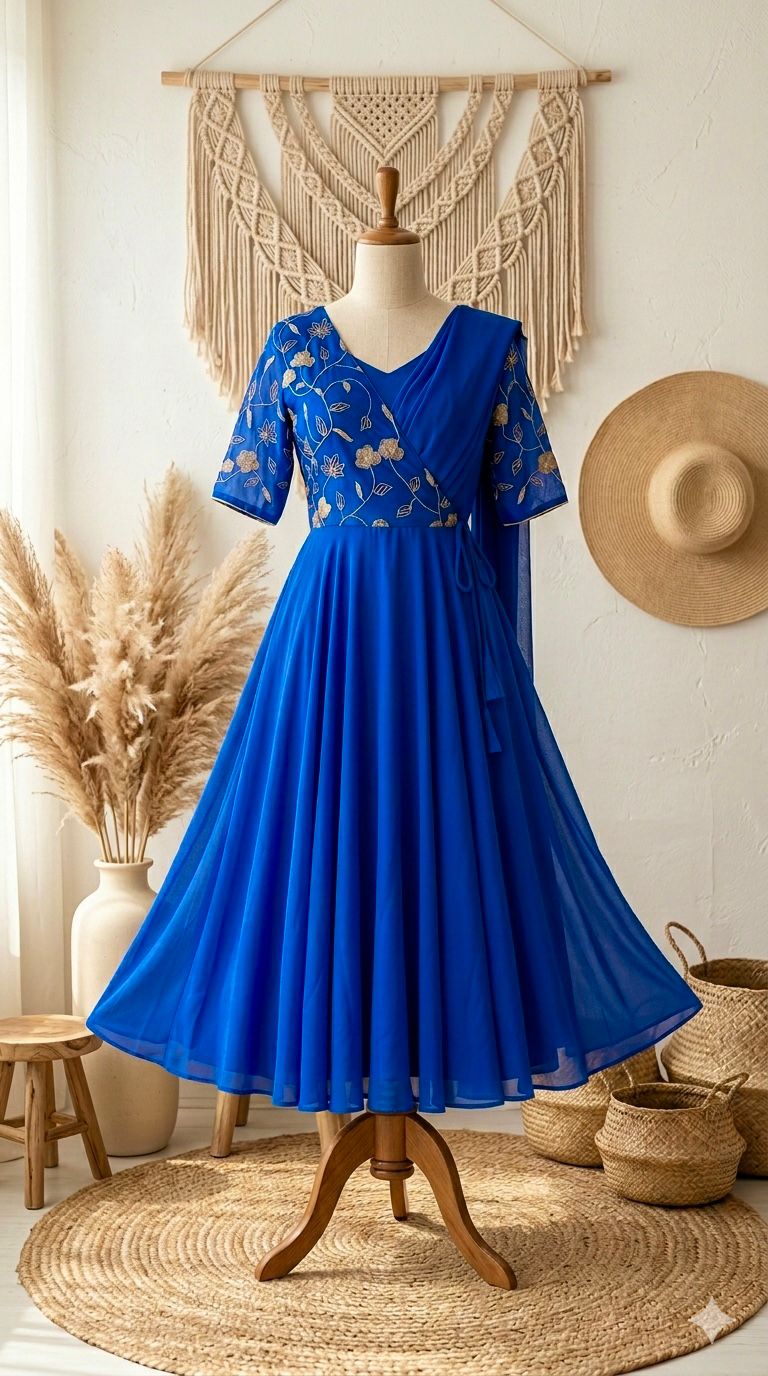 Women’s Indo-Western Saree Style Gown with Attached Pallu | Embroidered Georgette Party Wear
