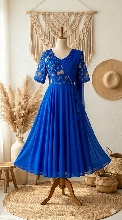 Women’s Indo-Western Saree Style Gown with Attached Pallu | Embroidered Georgette Party Wear