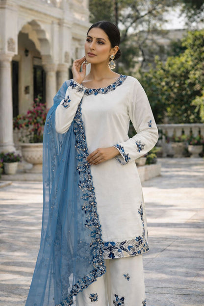 Women’s Designer Embroidered Kurta Palazzo Set with Organza Dupatta