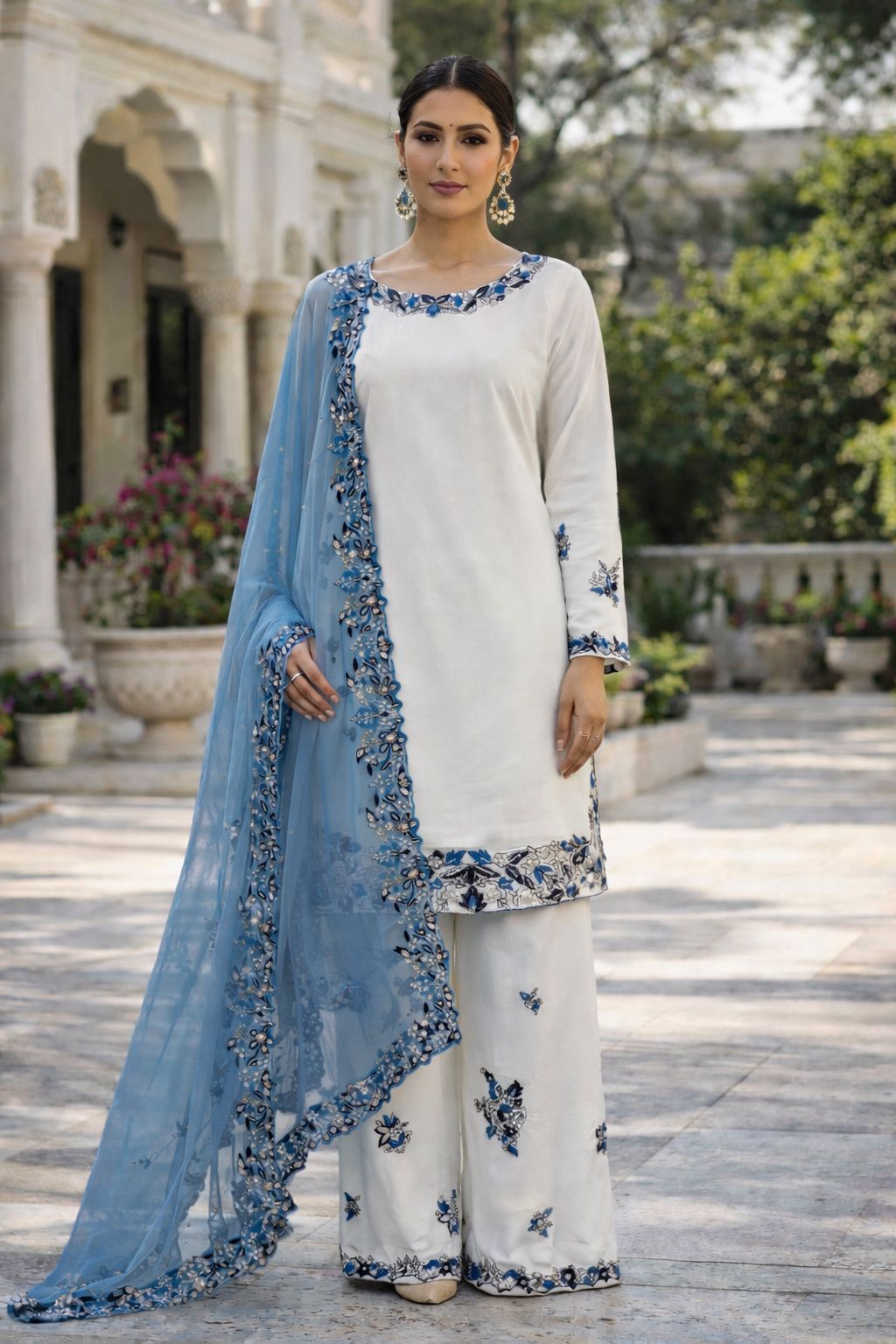 Women’s Designer Embroidered Kurta Palazzo Set with Organza Dupatta