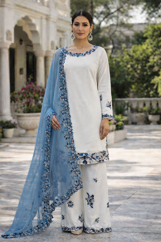 Women’s Designer Embroidered Kurta Palazzo Set with Organza Dupatta