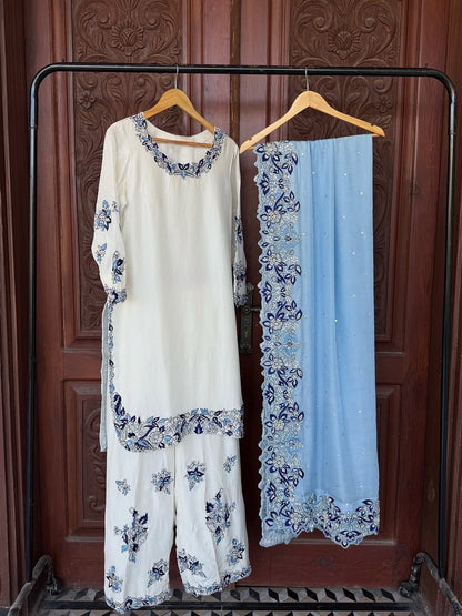Women’s Designer Embroidered Kurta Palazzo Set with Organza Dupatta