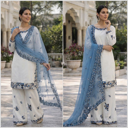 Women’s Designer Embroidered Kurta Palazzo Set with Organza Dupatta