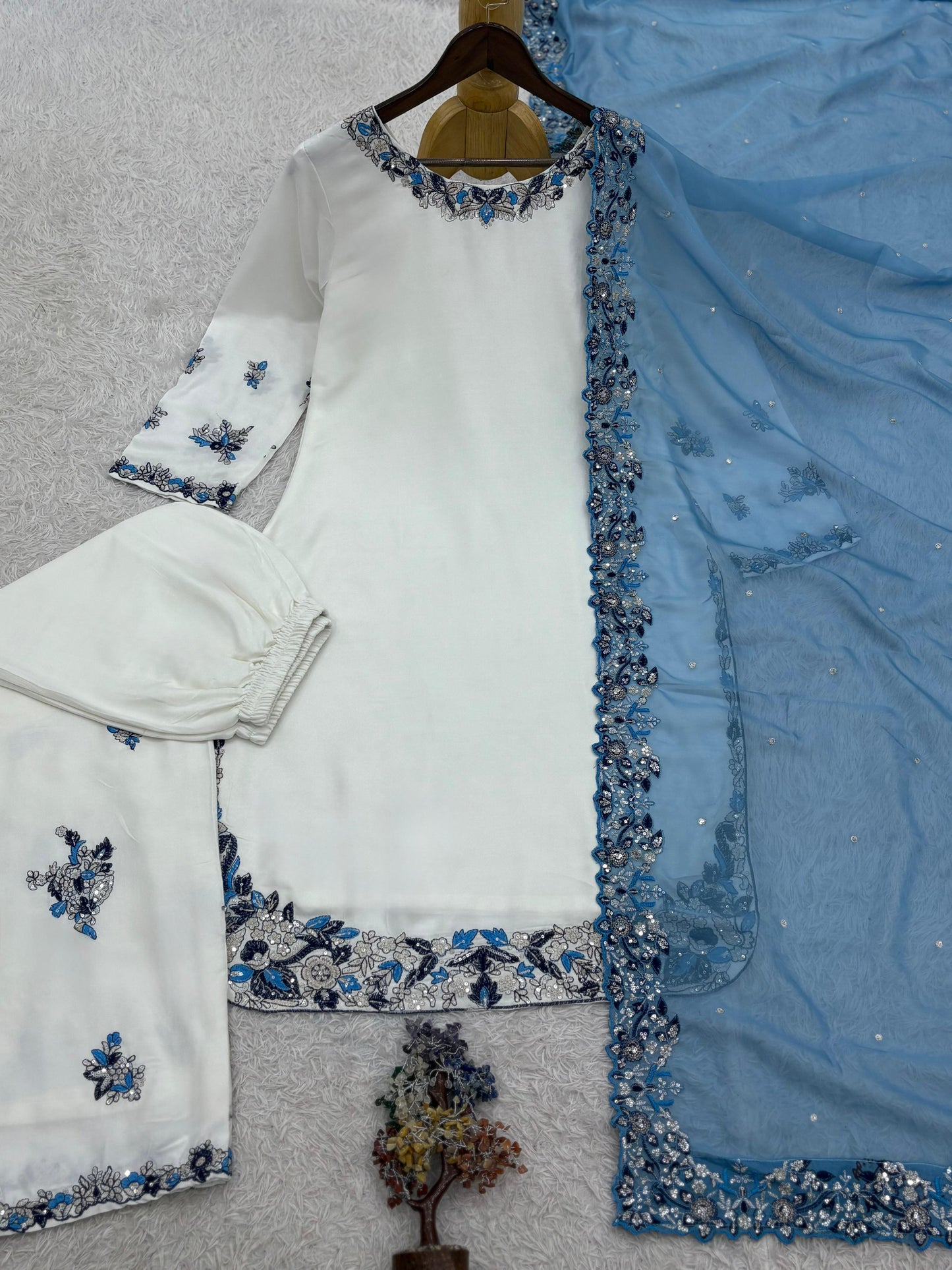 Women’s Designer Embroidered Kurta Palazzo Set with Organza Dupatta