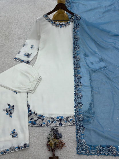 Women’s Designer Embroidered Kurta Palazzo Set with Organza Dupatta