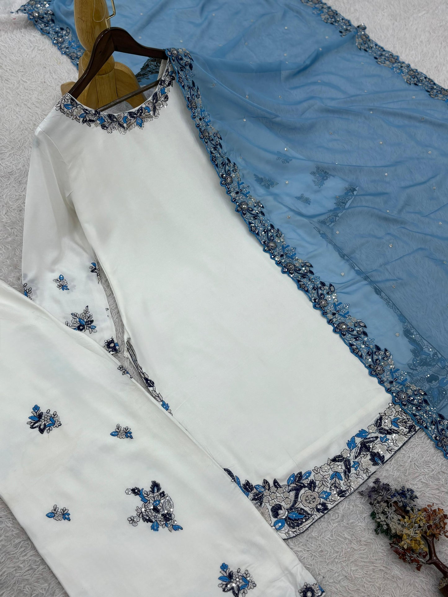 Women’s Designer Embroidered Kurta Palazzo Set with Organza Dupatta
