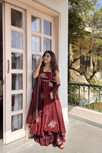 Women’s Fendy Silk 3-Piece Kurta Palazzo Set with Dupatta | Embroidered Festive Wear (S–XXL)