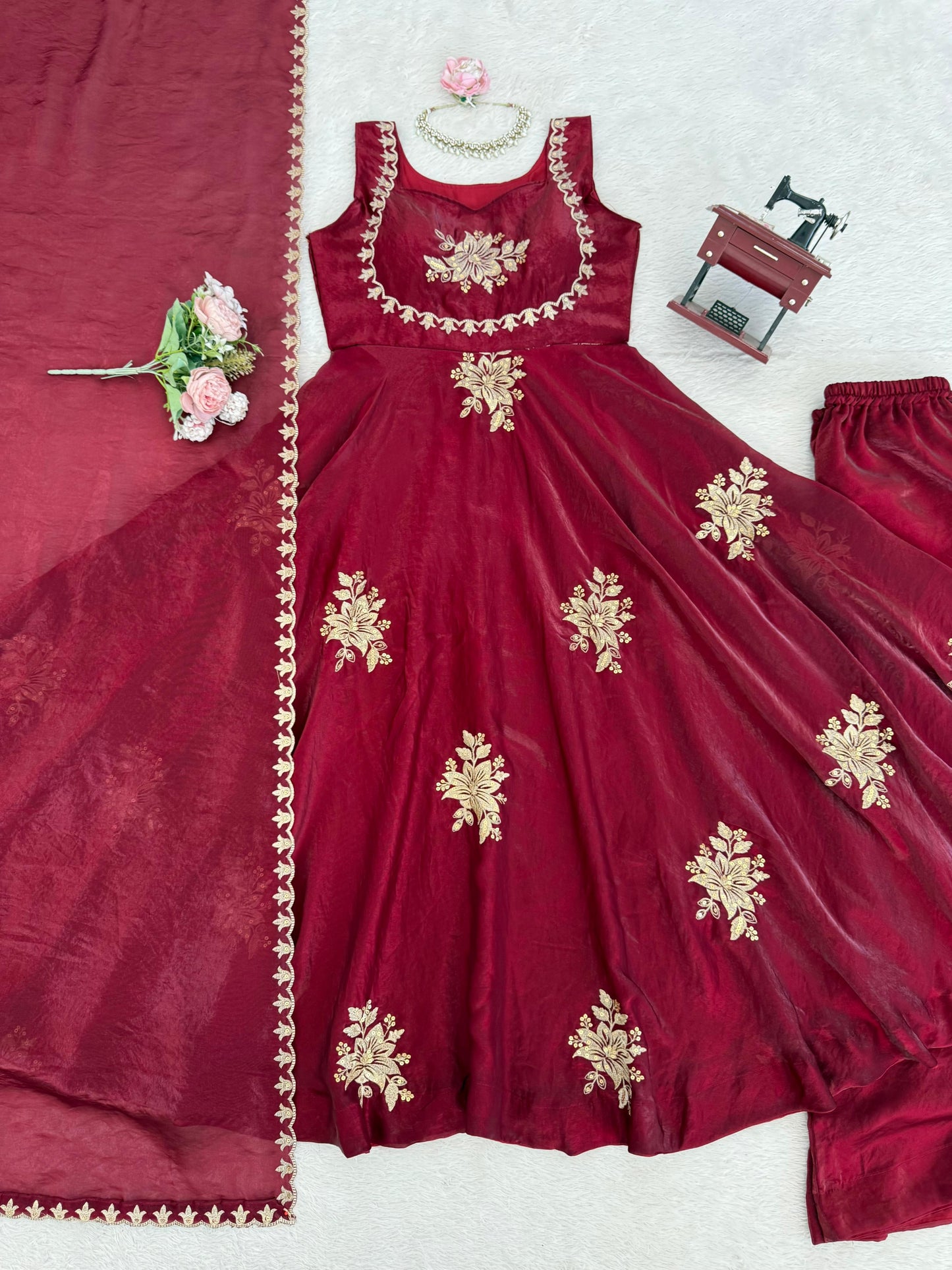 Women’s Fendy Silk 3-Piece Kurta Palazzo Set with Dupatta | Embroidered Festive Wear (S–XXL)