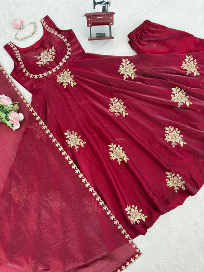 Women’s Fendy Silk 3-Piece Kurta Palazzo Set with Dupatta | Embroidered Festive Wear (S–XXL)