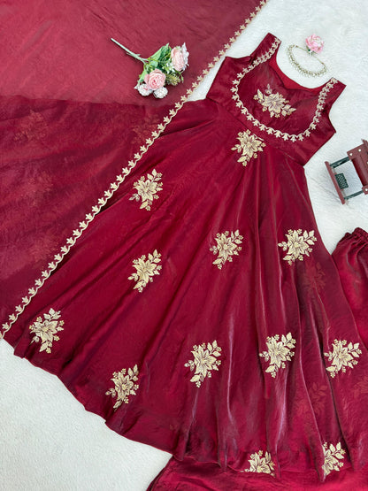 Women’s Fendy Silk 3-Piece Kurta Palazzo Set with Dupatta | Embroidered Festive Wear (S–XXL)