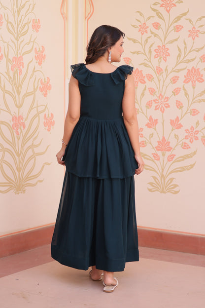 Women's Premium Peplum Style Embroidered Gown | Faux Blooming Fabric with Bead Work | Sleeveless Designer Party Wear Gown