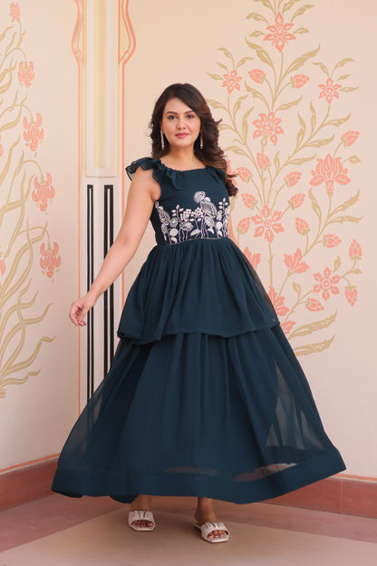 Women's Premium Peplum Style Embroidered Gown | Faux Blooming Fabric with Bead Work | Sleeveless Designer Party Wear Gown