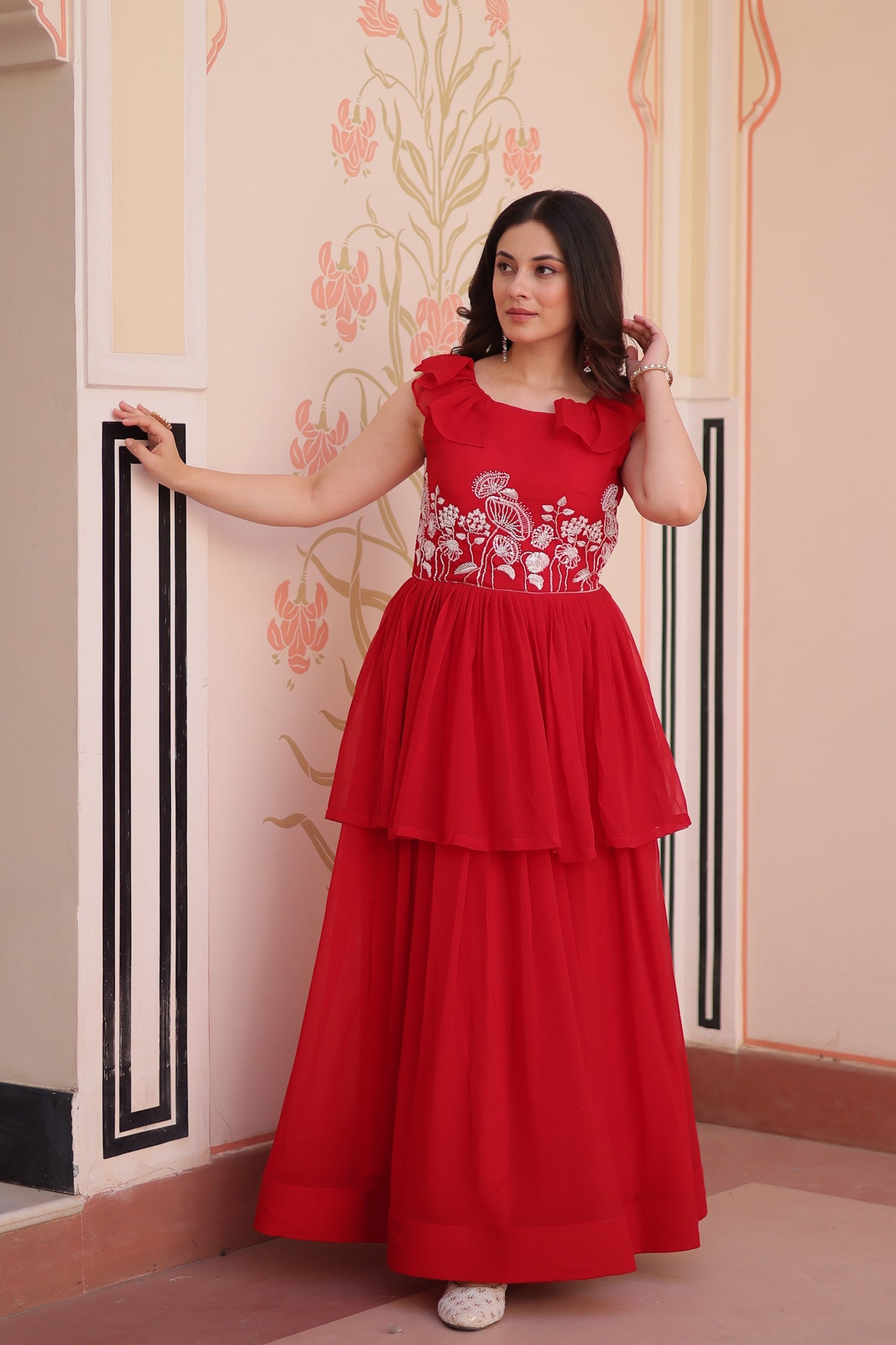 Women's Premium Peplum Style Embroidered Gown | Faux Blooming Fabric with Bead Work | Sleeveless Designer Party Wear Gown
