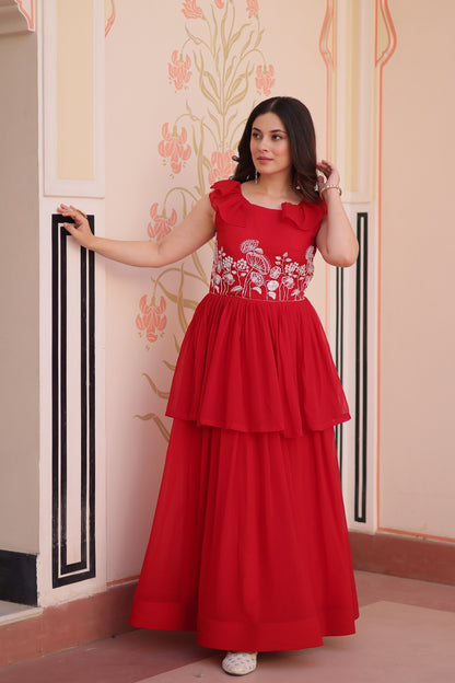 Women's Premium Peplum Style Embroidered Gown | Faux Blooming Fabric with Bead Work | Sleeveless Designer Party Wear Gown