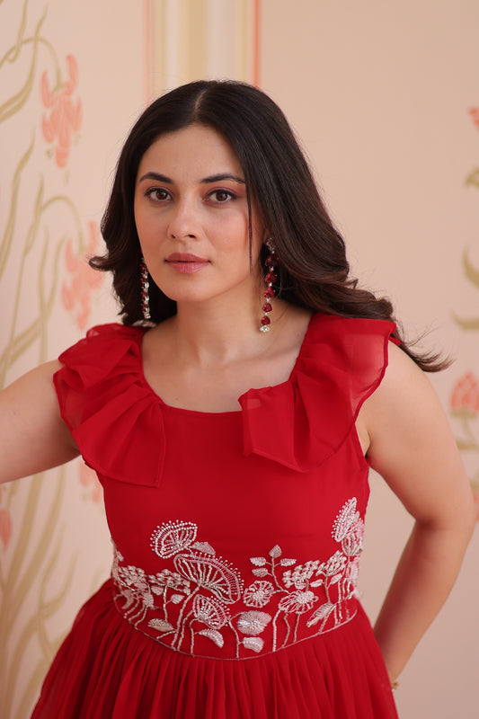 Women's Premium Peplum Style Embroidered Gown | Faux Blooming Fabric with Bead Work | Sleeveless Designer Party Wear Gown