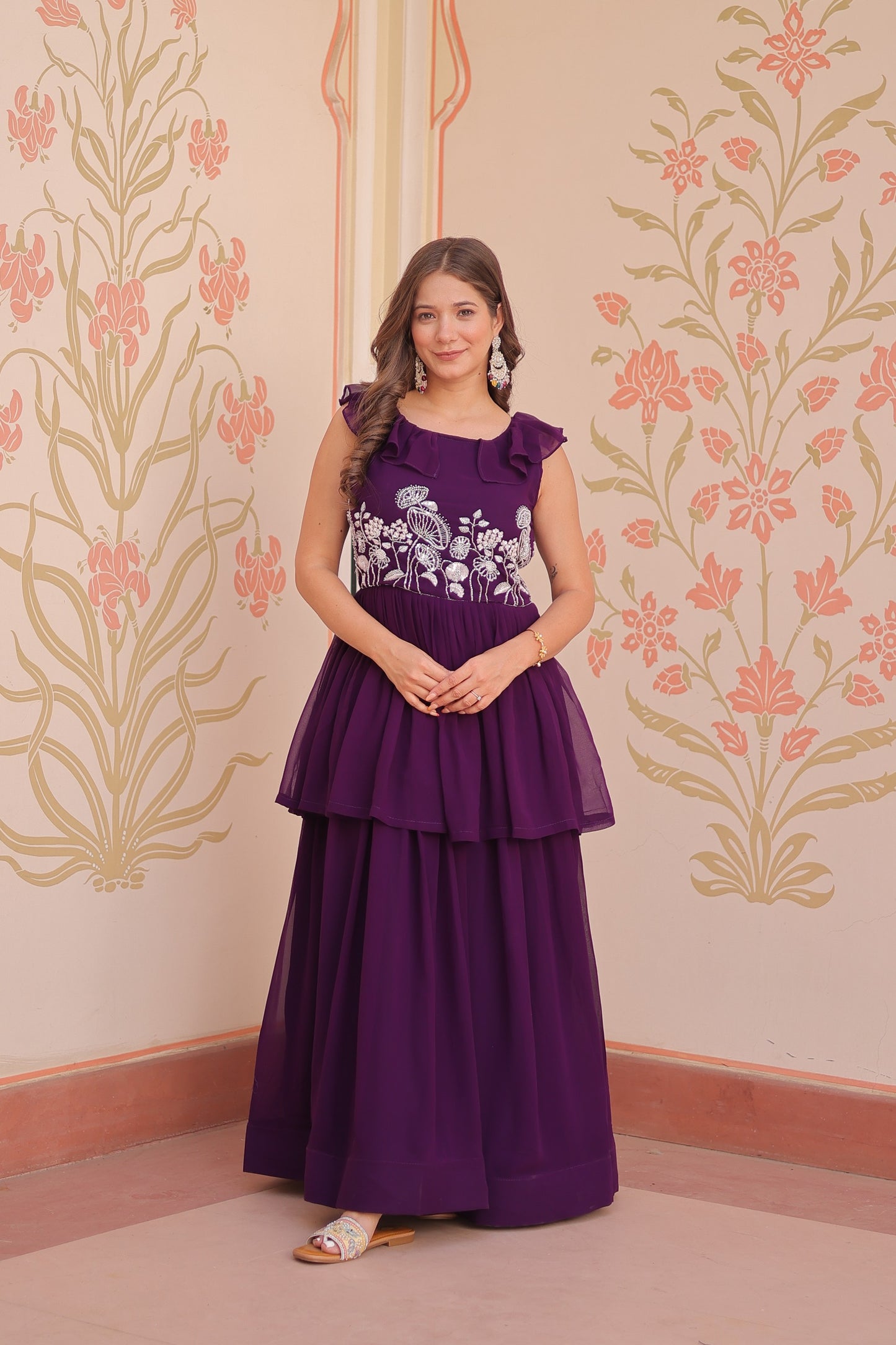 Women's Premium Peplum Style Embroidered Gown | Faux Blooming Fabric with Bead Work | Sleeveless Designer Party Wear Gown