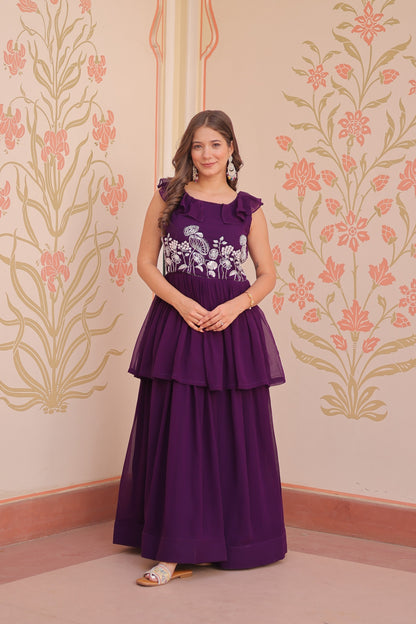 Women's Premium Peplum Style Embroidered Gown | Faux Blooming Fabric with Bead Work | Sleeveless Designer Party Wear Gown