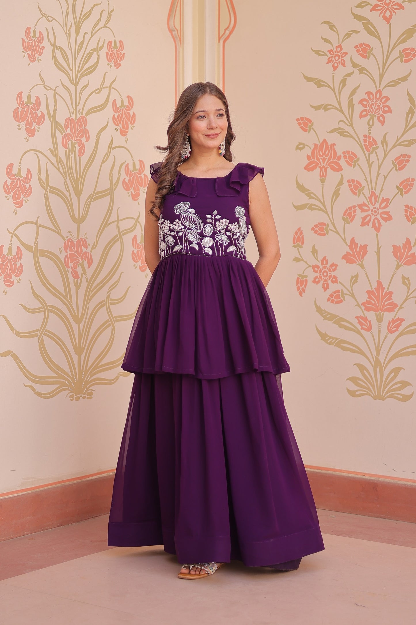 Women's Premium Peplum Style Embroidered Gown | Faux Blooming Fabric with Bead Work | Sleeveless Designer Party Wear Gown