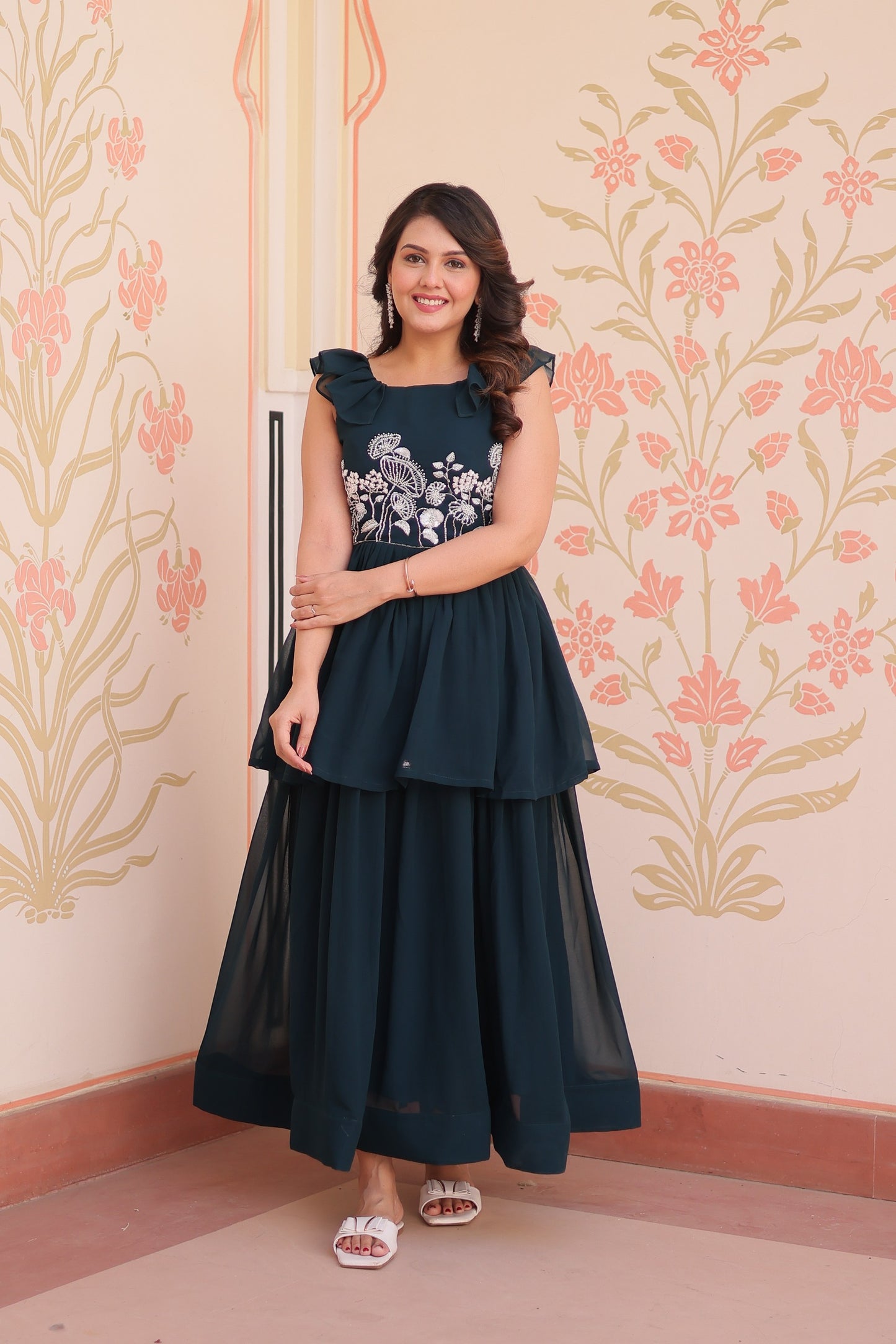 Women's Premium Peplum Style Embroidered Gown | Faux Blooming Fabric with Bead Work | Sleeveless Designer Party Wear Gown