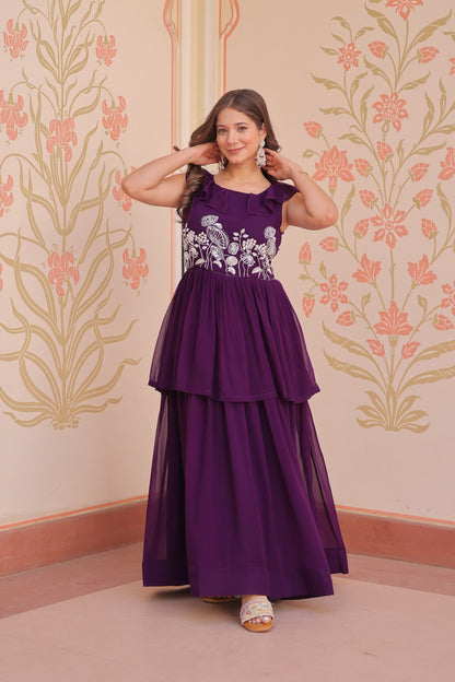 Women's Premium Peplum Style Embroidered Gown | Faux Blooming Fabric with Bead Work | Sleeveless Designer Party Wear Gown