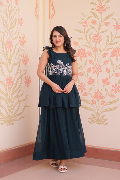 Women's Premium Peplum Style Embroidered Gown | Faux Blooming Fabric with Bead Work | Sleeveless Designer Party Wear Gown