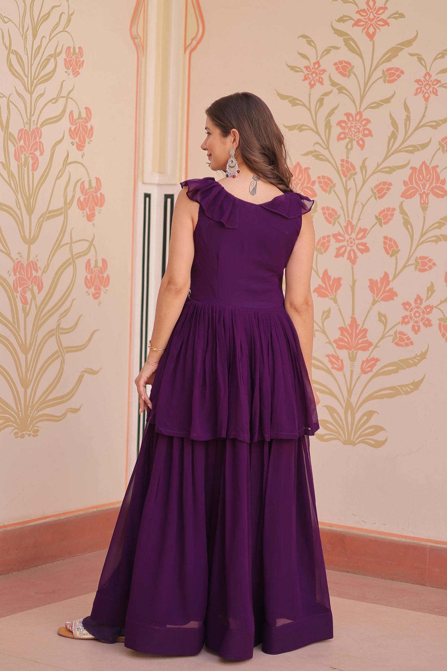 Women's Premium Peplum Style Embroidered Gown | Faux Blooming Fabric with Bead Work | Sleeveless Designer Party Wear Gown