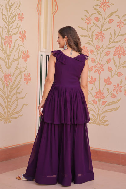 Women's Premium Peplum Style Embroidered Gown | Faux Blooming Fabric with Bead Work | Sleeveless Designer Party Wear Gown