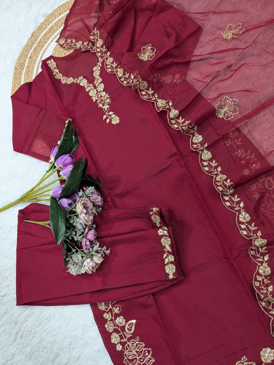 Women’s Viscose Chanderi Silk Kurta Set with Organza Dupatta | Embroidered Ethnic Wear