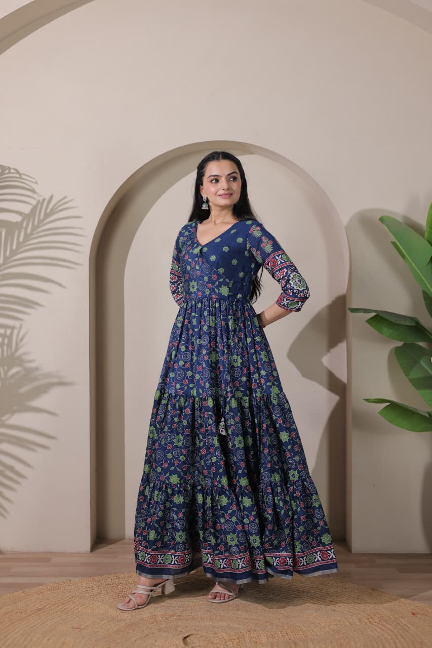 Tiered Angarakha Gown | Embroidered Silk Blend Flared Ethnic Dress