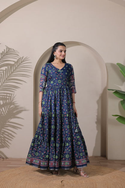 Tiered Angarakha Gown | Embroidered Silk Blend Flared Ethnic Dress