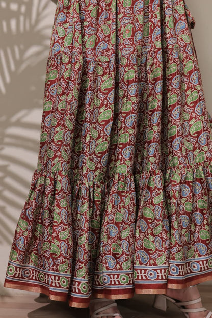 Tiered Angarakha Gown | Embroidered Silk Blend Flared Ethnic Dress