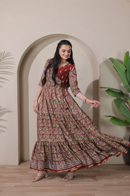 Tiered Angarakha Gown | Embroidered Silk Blend Flared Ethnic Dress