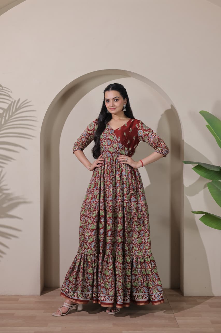 Tiered Angarakha Gown | Embroidered Silk Blend Flared Ethnic Dress