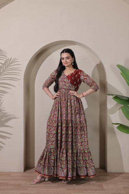 Tiered Angarakha Gown | Embroidered Silk Blend Flared Ethnic Dress