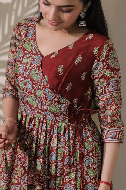 Tiered Angarakha Gown | Embroidered Silk Blend Flared Ethnic Dress