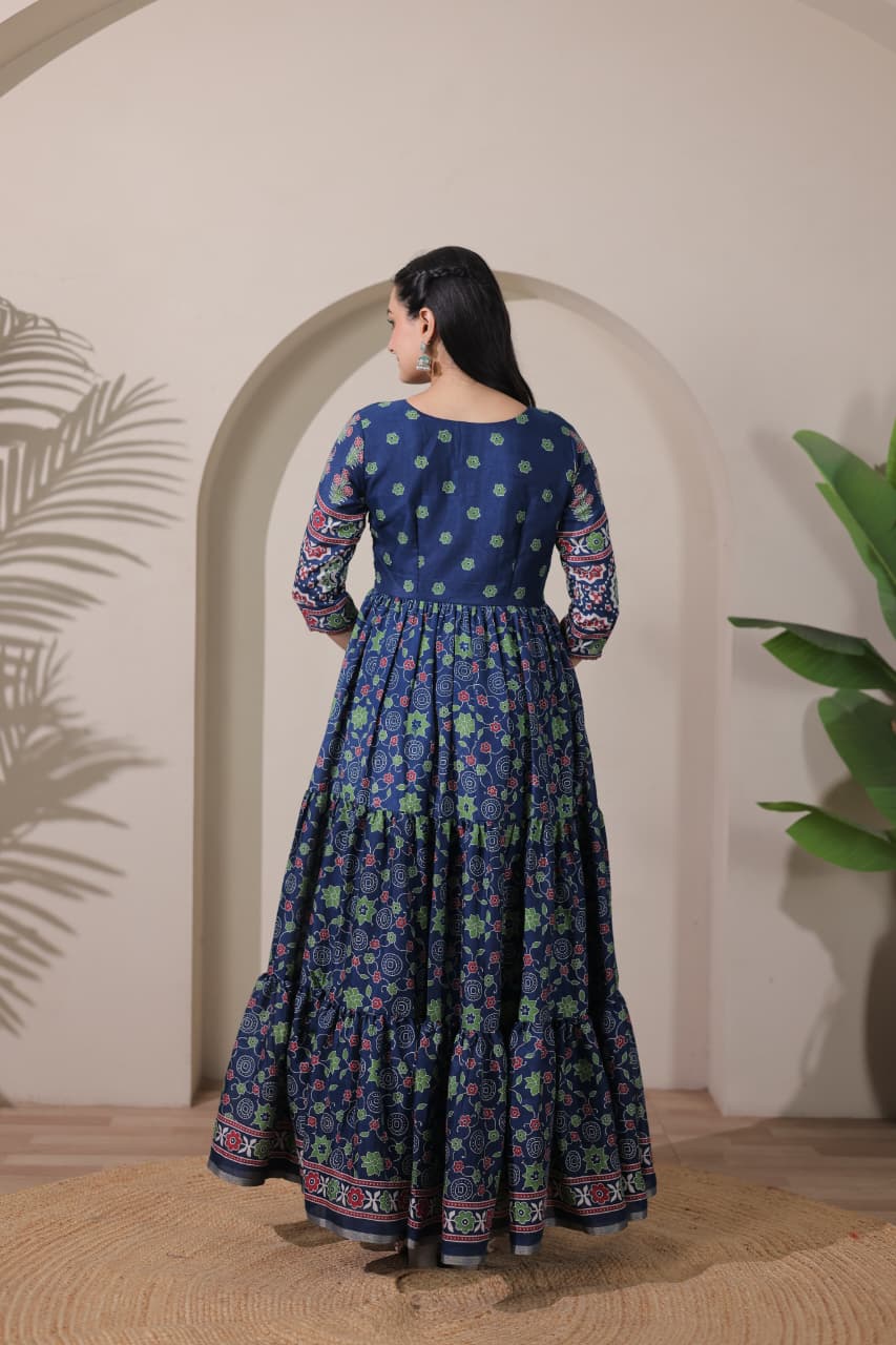 Tiered Angarakha Gown | Embroidered Silk Blend Flared Ethnic Dress