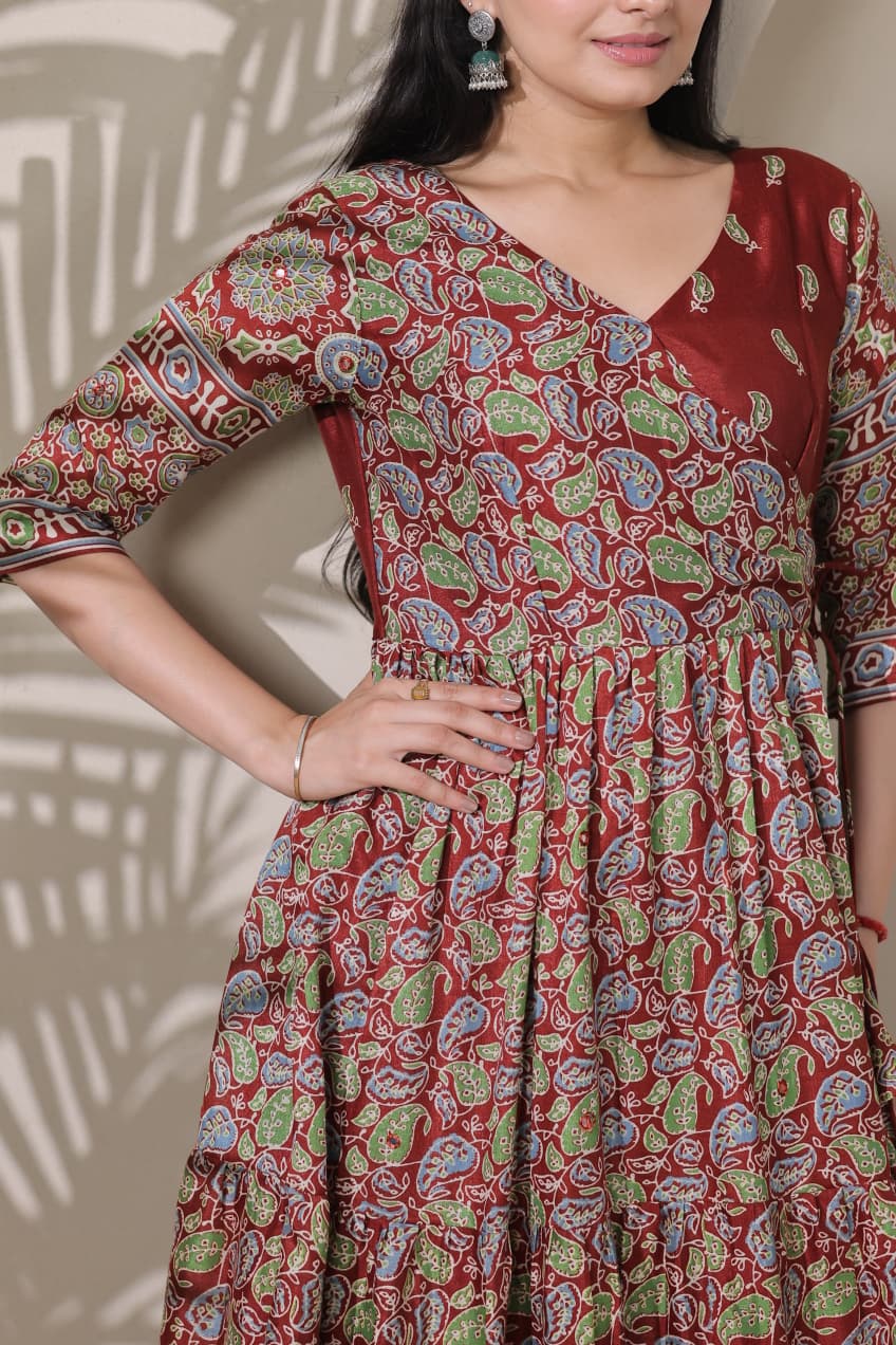 Tiered Angarakha Gown | Embroidered Silk Blend Flared Ethnic Dress