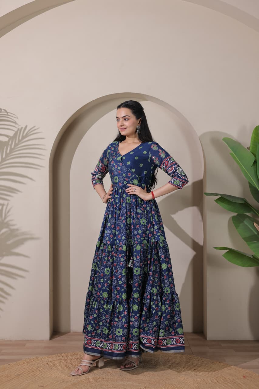 Tiered Angarakha Gown | Embroidered Silk Blend Flared Ethnic Dress