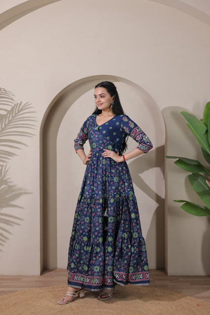 Tiered Angarakha Gown | Embroidered Silk Blend Flared Ethnic Dress