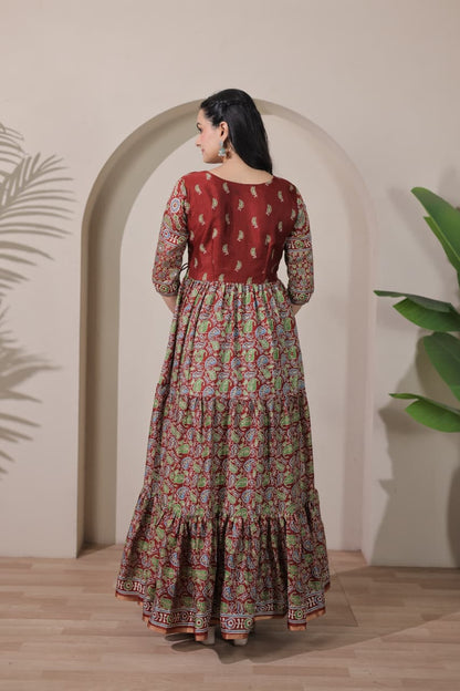 Tiered Angarakha Gown | Embroidered Silk Blend Flared Ethnic Dress