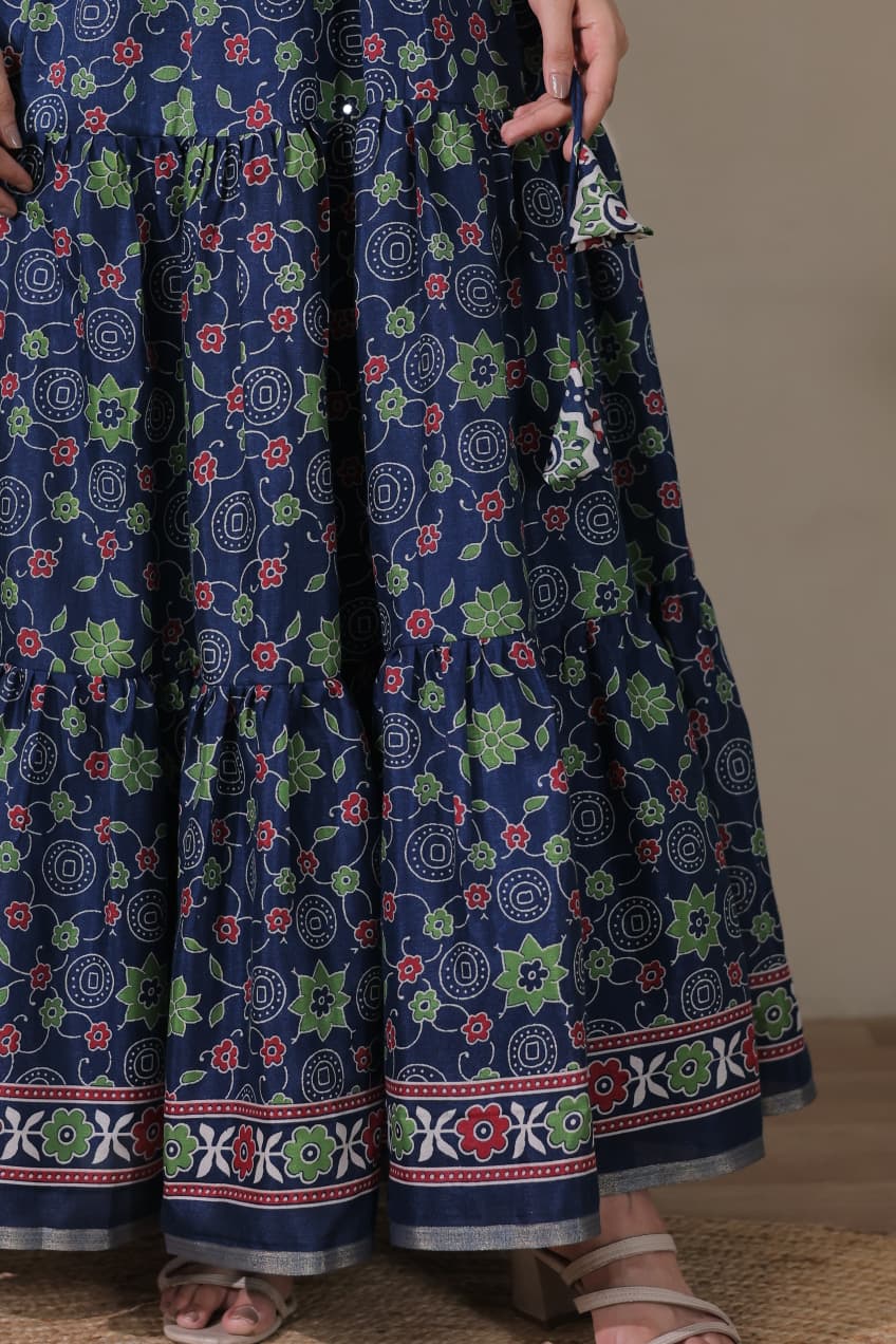 Tiered Angarakha Gown | Embroidered Silk Blend Flared Ethnic Dress