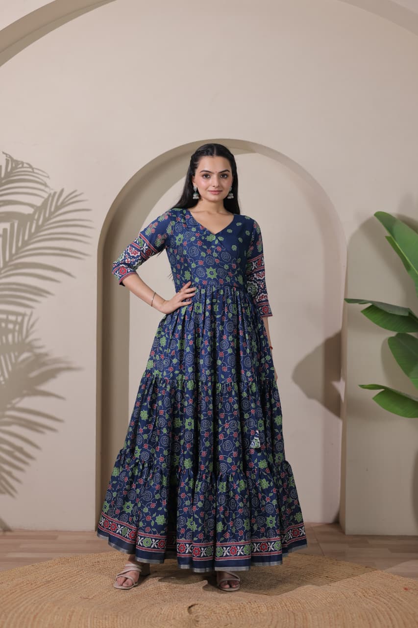 Tiered Angarakha Gown | Embroidered Silk Blend Flared Ethnic Dress