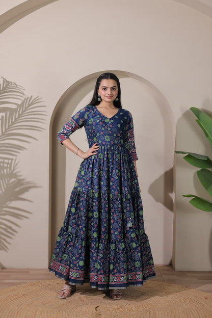 Tiered Angarakha Gown | Embroidered Silk Blend Flared Ethnic Dress