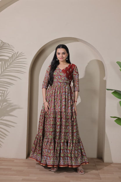 Tiered Angarakha Gown | Embroidered Silk Blend Flared Ethnic Dress