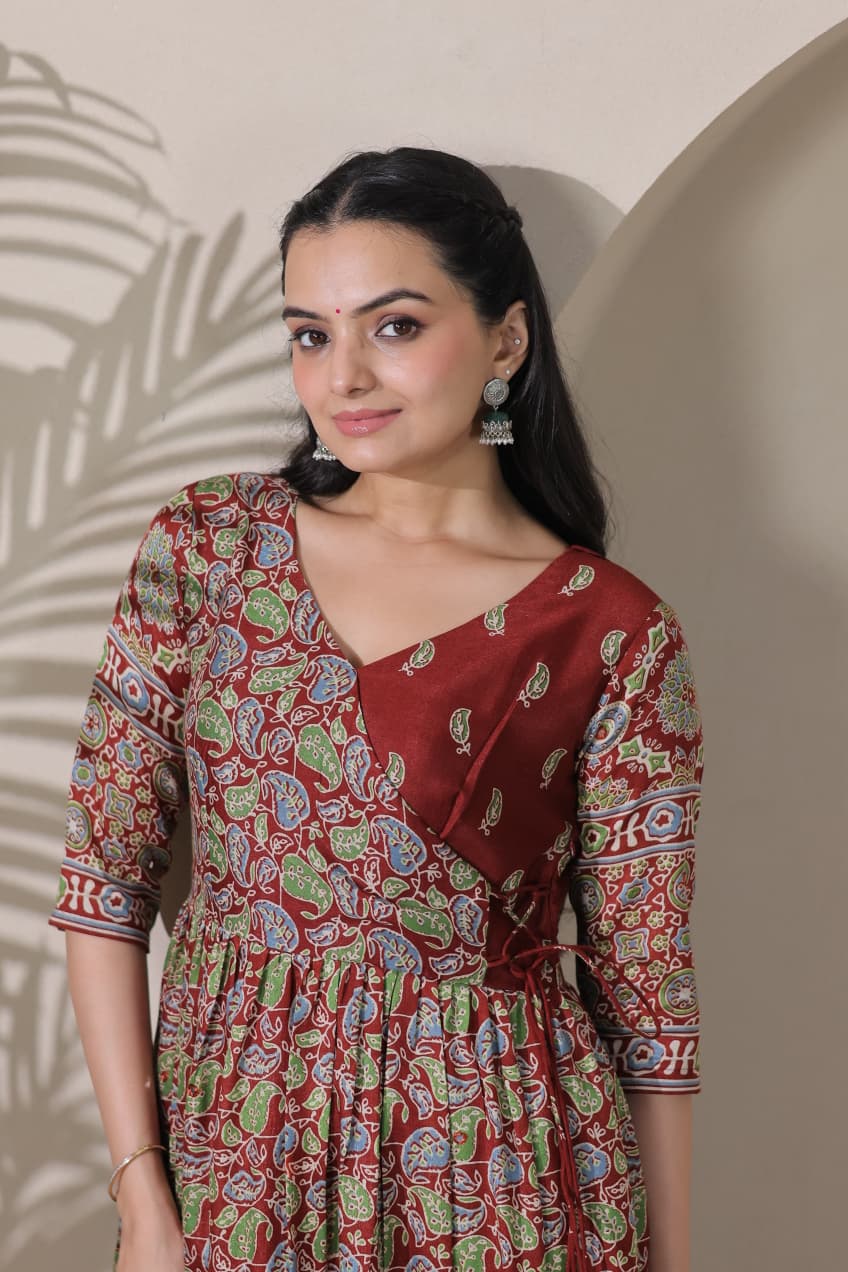 Tiered Angarakha Gown | Embroidered Silk Blend Flared Ethnic Dress